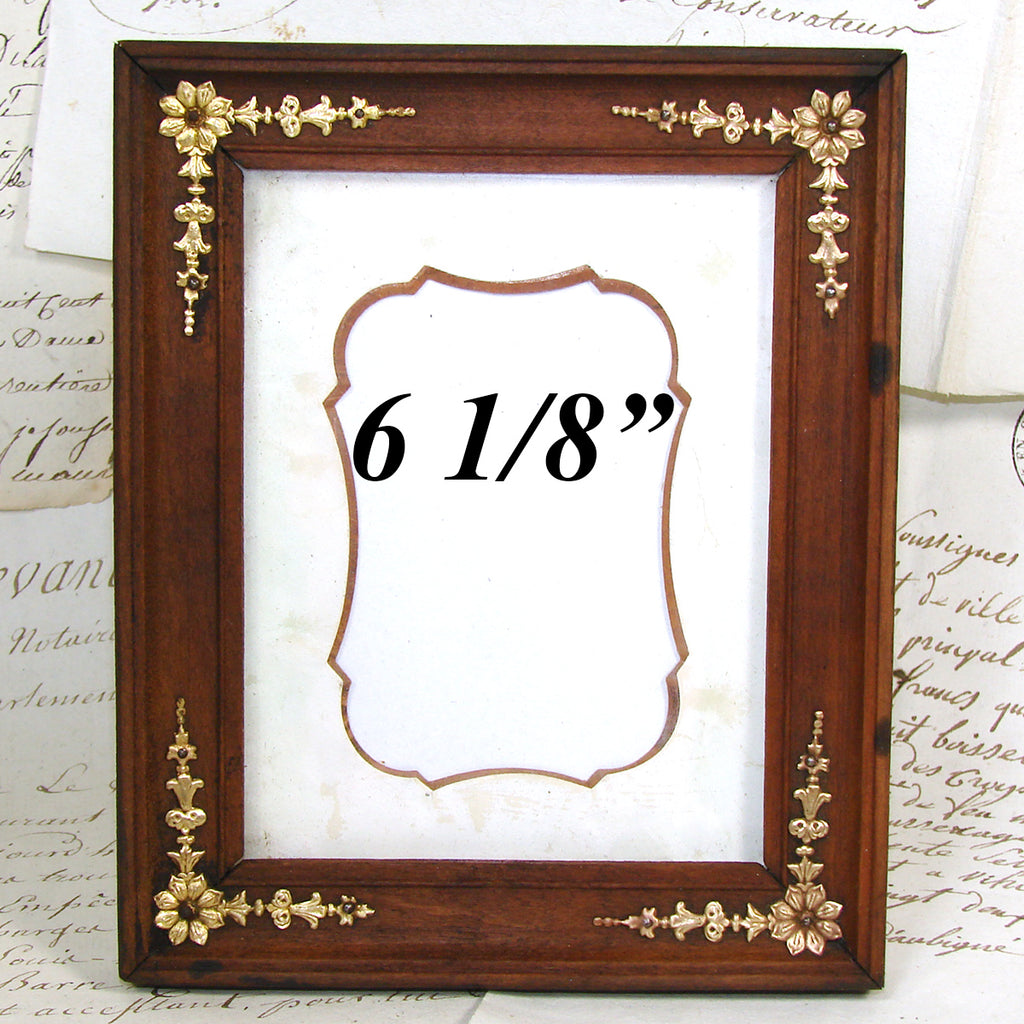 Antique French Empire Revival Style 6 1/8" Picture Frame, Wood with Gilt Appliques
