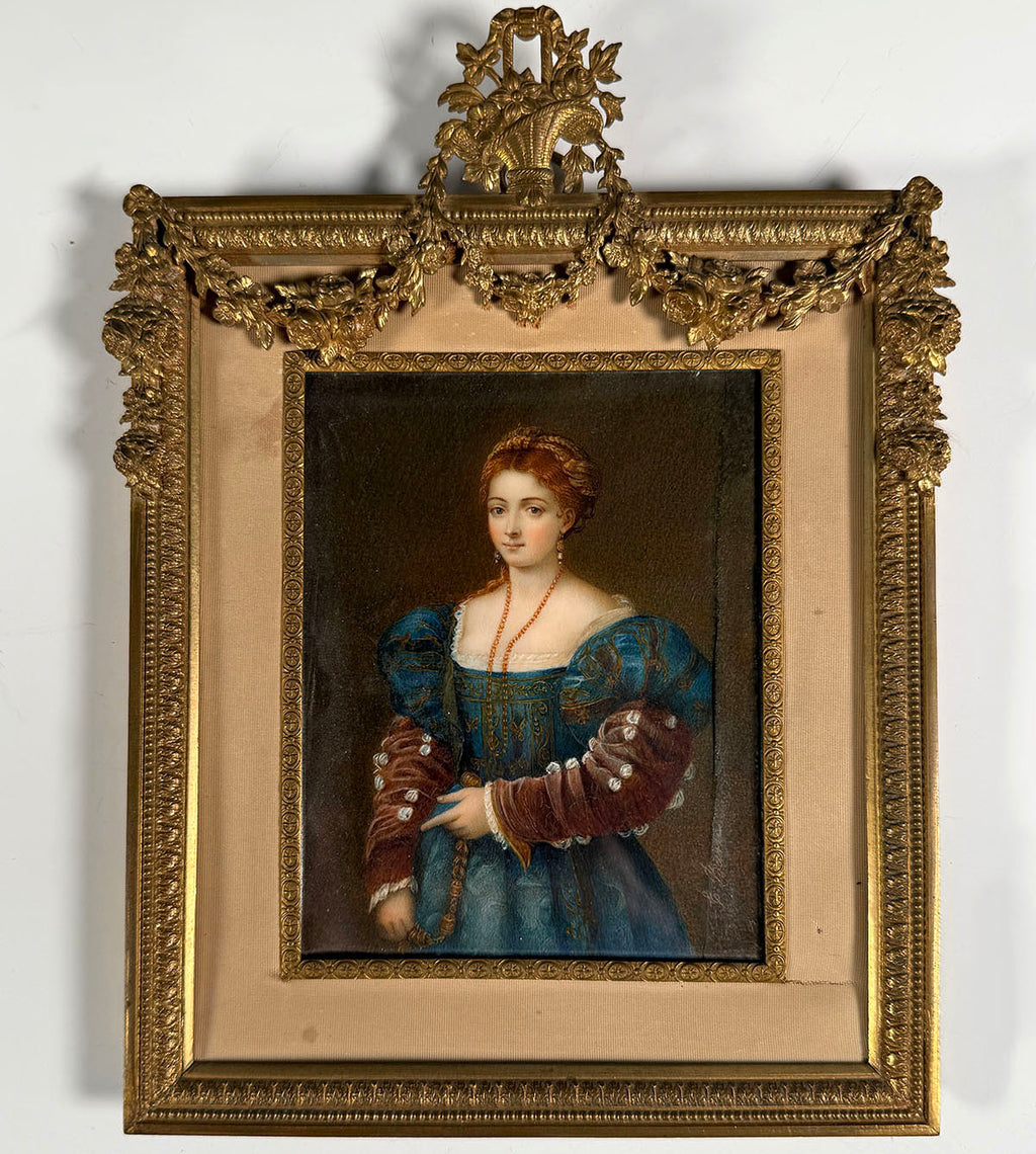 Elegant Antique French Frame Miniature Portrait after TITIAN's Renaissance "Portrait of a Lady",