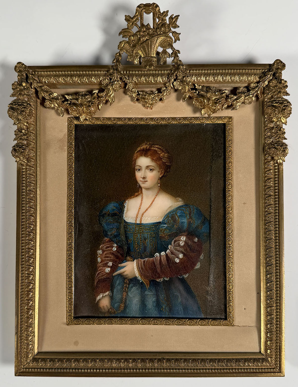 Elegant Antique French Frame Miniature Portrait after TITIAN's Renaissance "Portrait of a Lady",