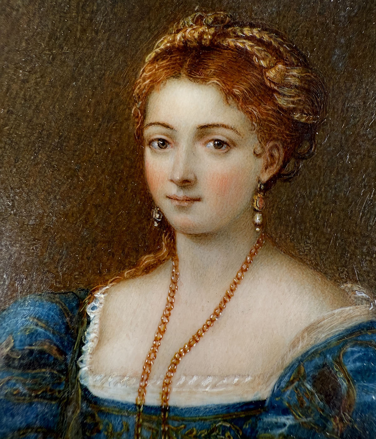 Elegant Antique French Frame Miniature Portrait after TITIAN's Renaissance "Portrait of a Lady",