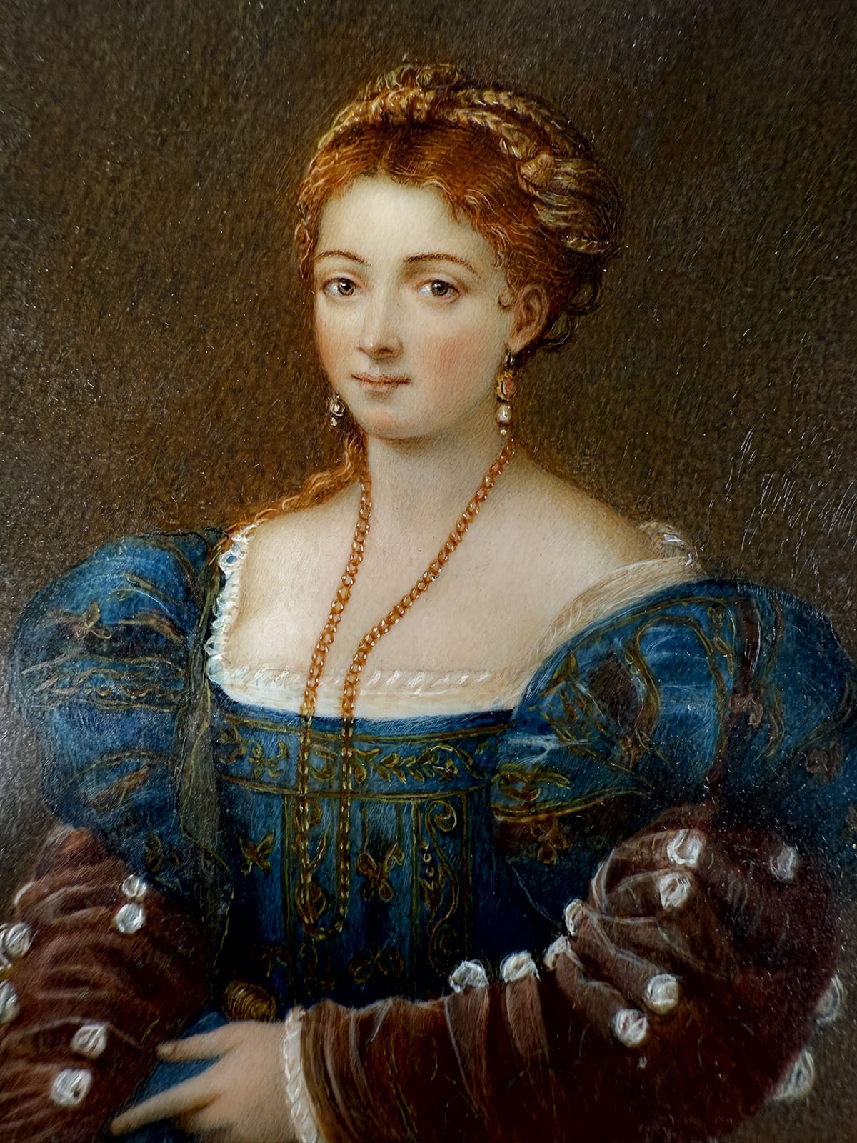 Elegant Antique French Frame Miniature Portrait after TITIAN's Renaissance "Portrait of a Lady",