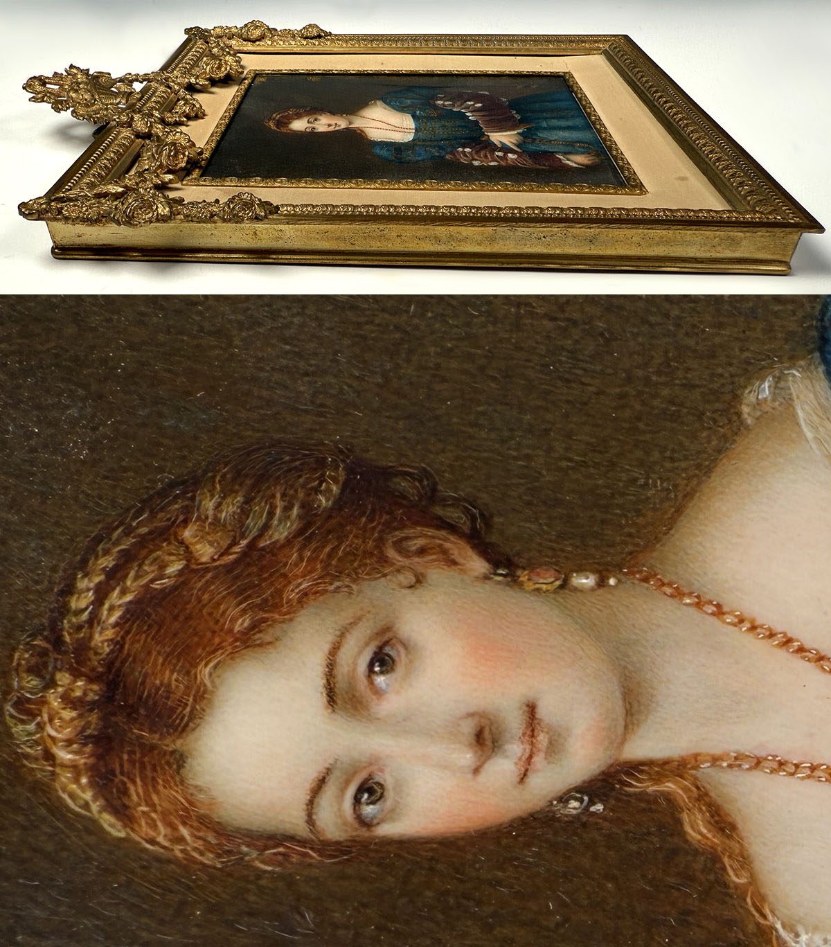 Elegant Antique French Frame Miniature Portrait after TITIAN's Renaissance "Portrait of a Lady",
