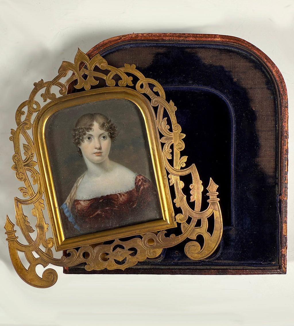 Stunning Young French-English Woman Portrait Miniature, c.1815 Fine Antique Easel Frame in Original Leather Case