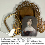 Stunning Young French-English Woman Portrait Miniature, c.1815 Fine Antique Easel Frame in Original Leather Case