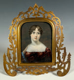 Stunning Young French-English Woman Portrait Miniature, c.1815 Fine Antique Easel Frame in Original Leather Case