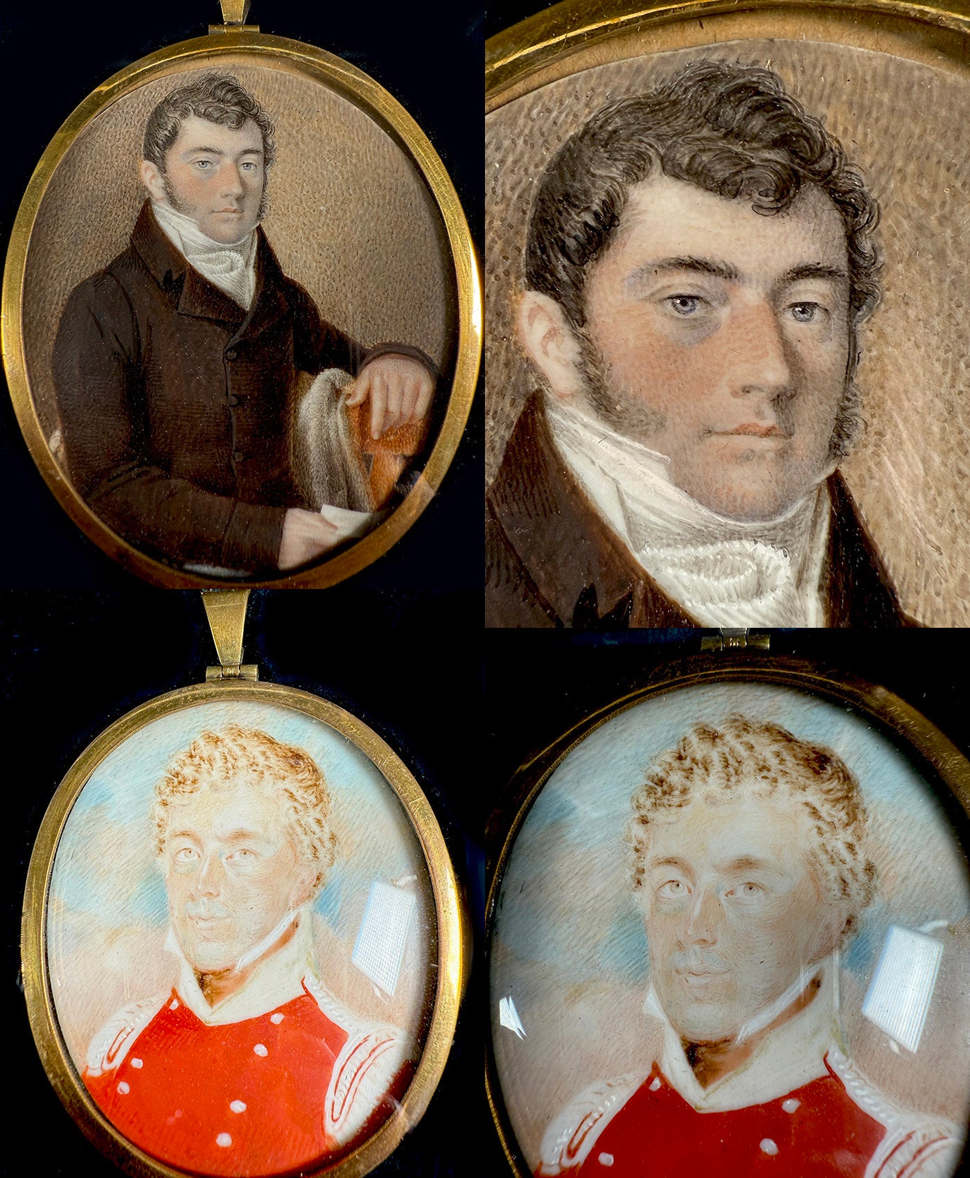 Antique 18th Century Portrait Miniatures (4) Family, English Military Officer Guard of Napoleon at Death
