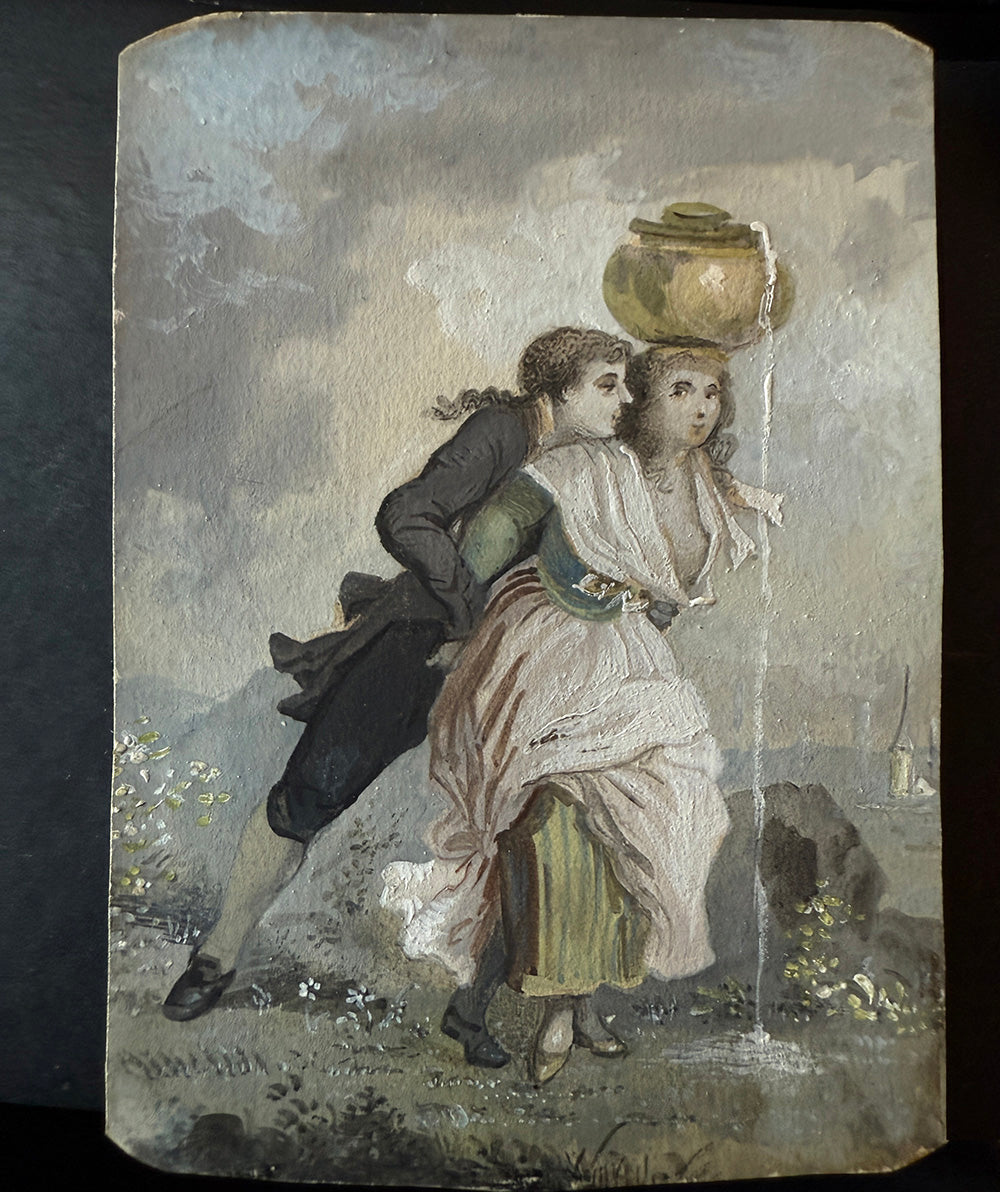 Charming Antique French Miniature Painting, Portrait after Fragonard, Artist Signed, Sphinx Bronze Frame