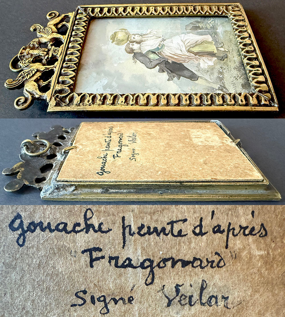 Charming Antique French Miniature Painting, Portrait after Fragonard, Artist Signed, Sphinx Bronze Frame