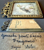 Charming Antique French Miniature Painting, Portrait after Fragonard, Artist Signed, Sphinx Bronze Frame