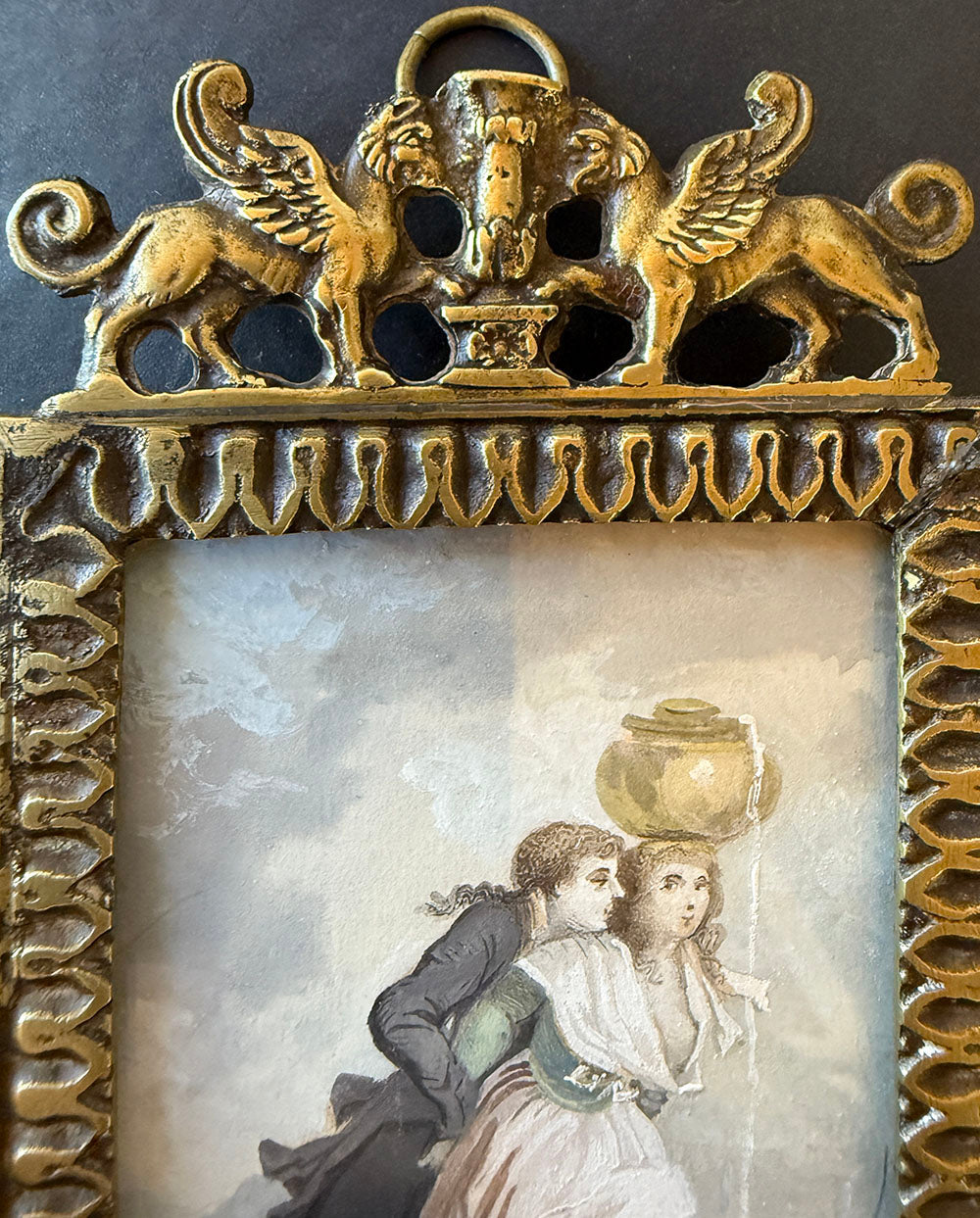 Charming Antique French Miniature Painting, Portrait after Fragonard, Artist Signed, Sphinx Bronze Frame