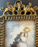 Charming Antique French Miniature Painting, Portrait after Fragonard, Artist Signed, Sphinx Bronze Frame