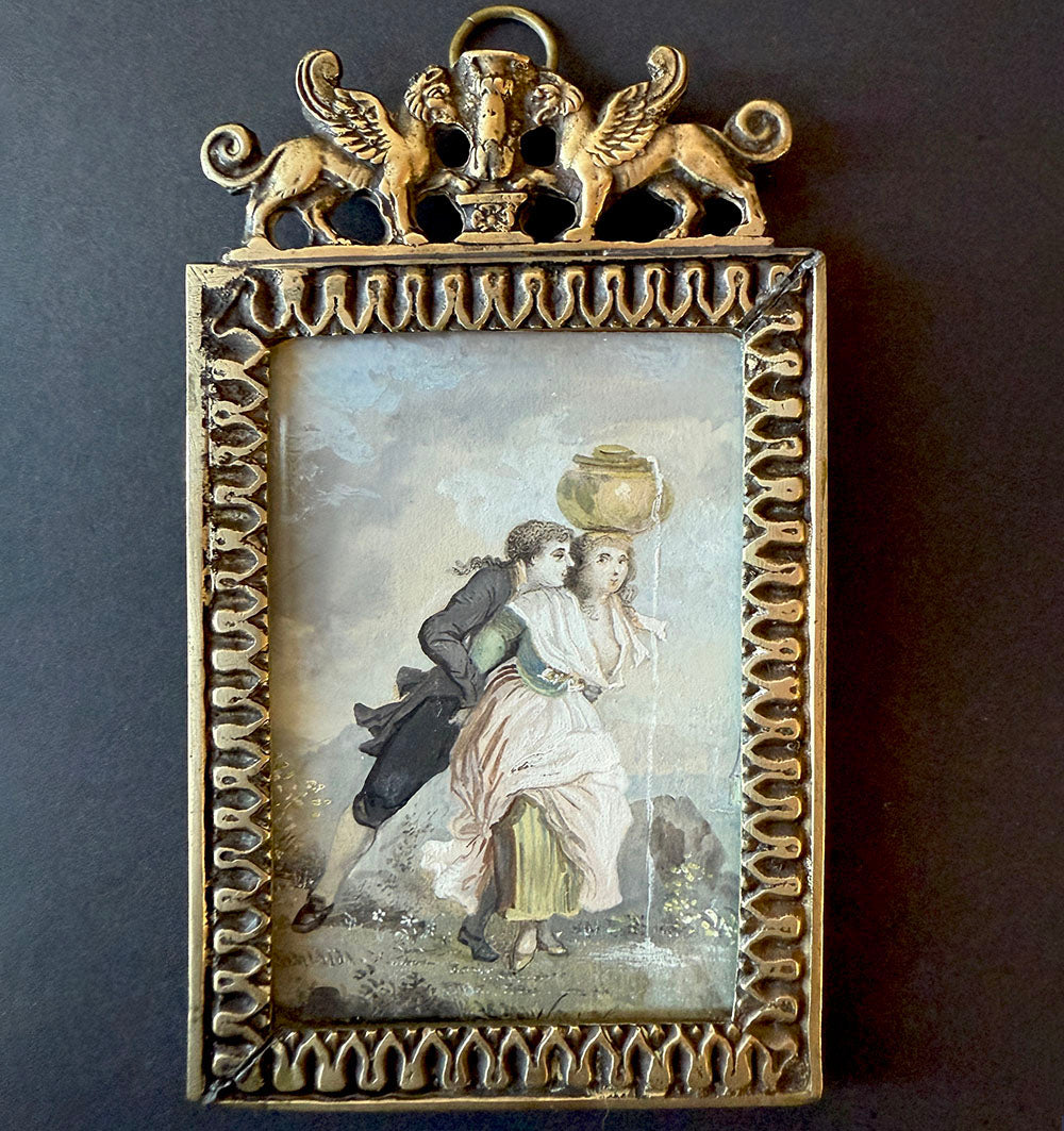 Charming Antique French Miniature Painting, Portrait after Fragonard, Artist Signed, Sphinx Bronze Frame