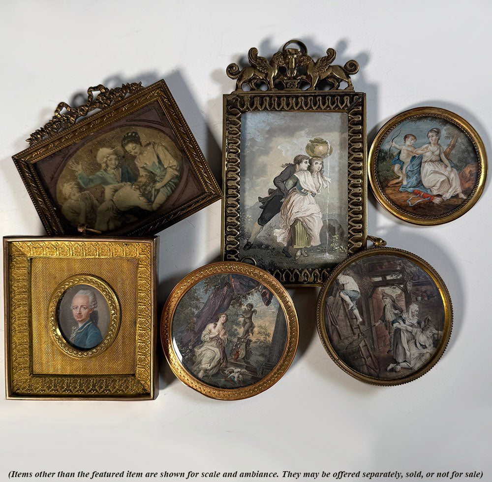 Charming Antique French Miniature Painting, Portrait after Fragonard, Artist Signed, Sphinx Bronze Frame
