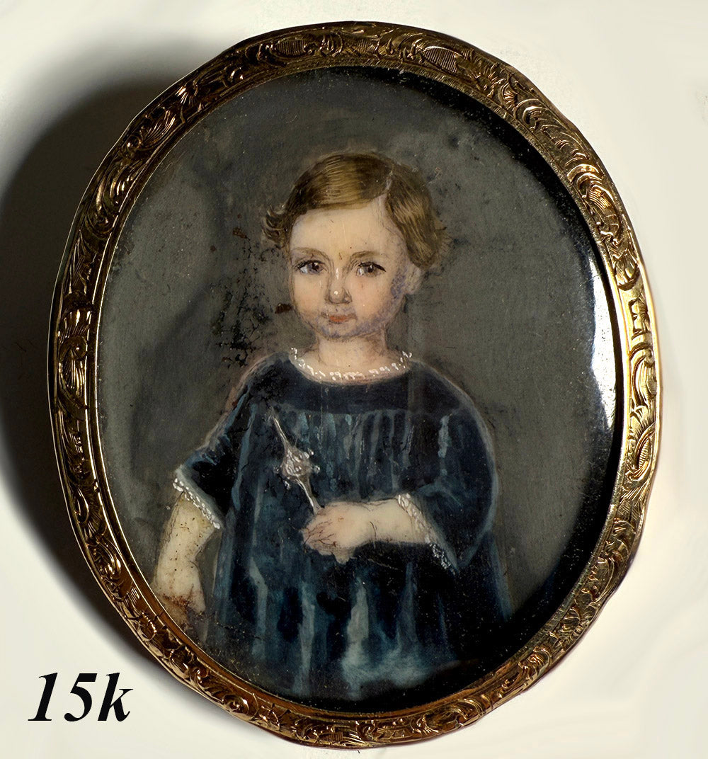 Rare Early 1800s Antique French Portrait Miniature Brooch, Child, Little Boy Holding French Toy