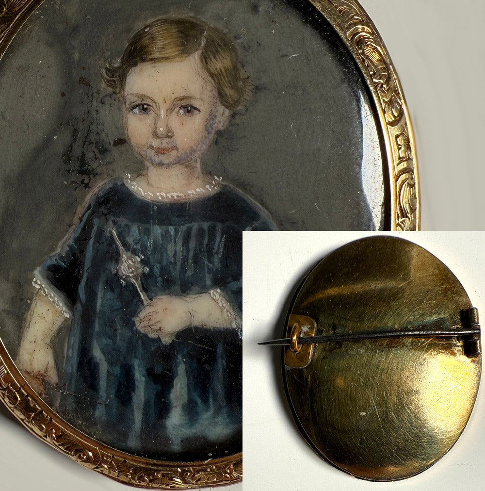 Rare Early 1800s Antique French Portrait Miniature Brooch, Child, Little Boy Holding French Toy