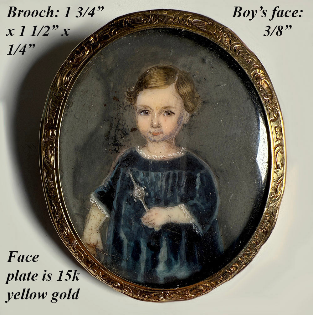 Rare Early 1800s Antique French Portrait Miniature Brooch, Child, Little Boy Holding French Toy