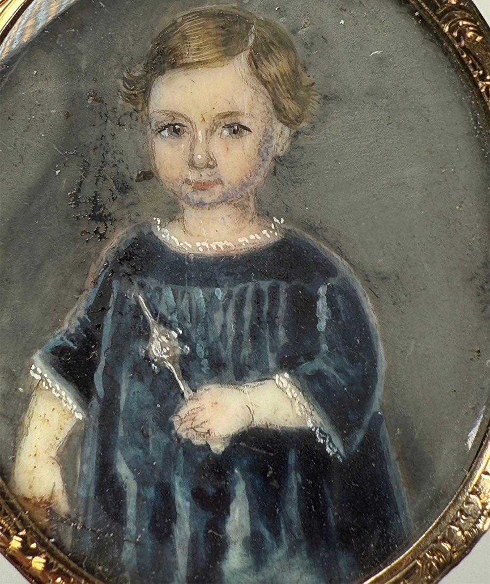 Rare Early 1800s Antique French Portrait Miniature Brooch, Child, Little Boy Holding French Toy