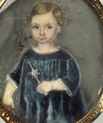 Rare Early 1800s Antique French Portrait Miniature Brooch, Child, Little Boy Holding French Toy