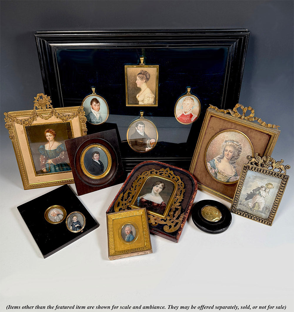 Rare Early 1800s Antique French Portrait Miniature Brooch, Child, Little Boy Holding French Toy