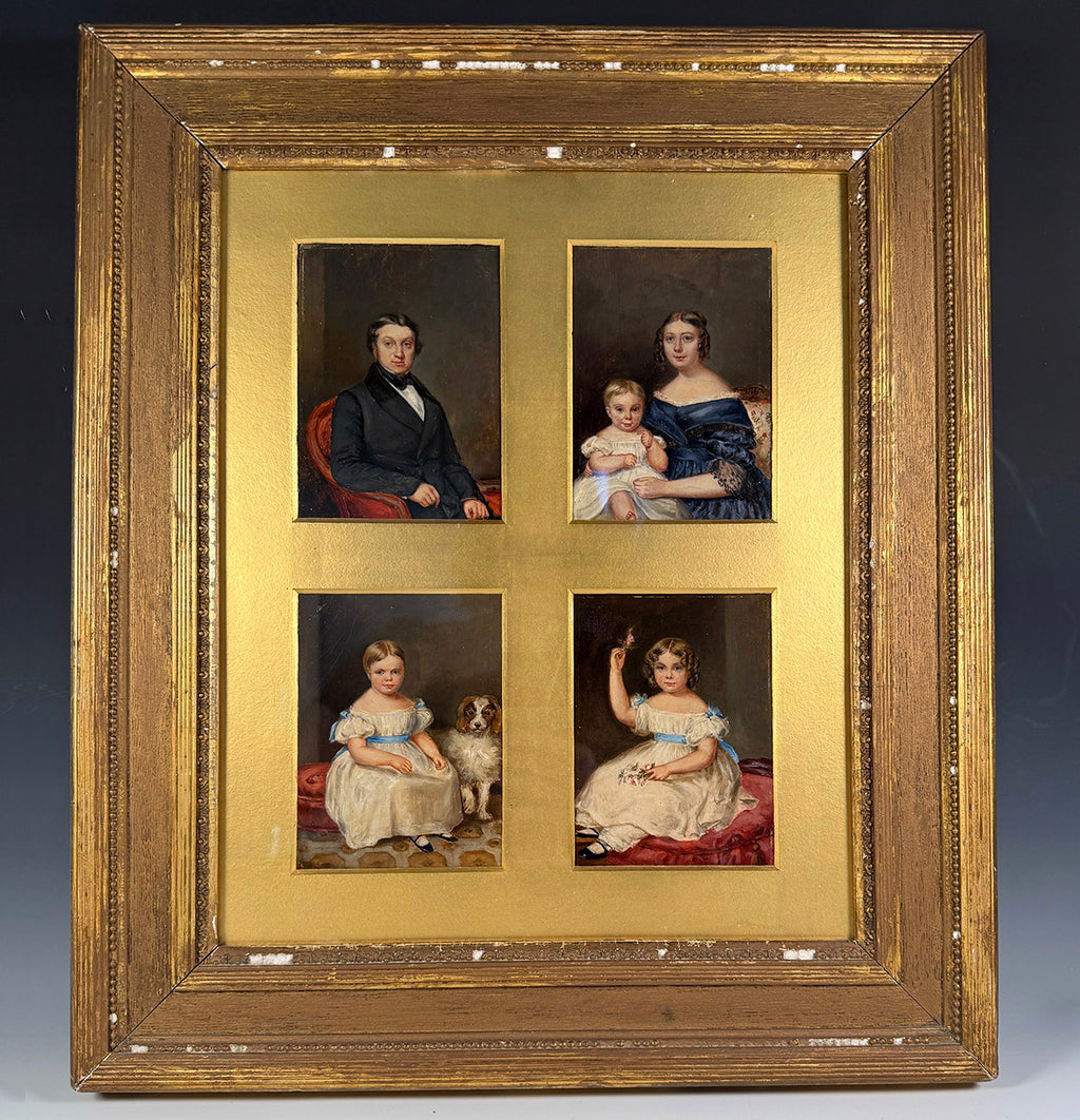 Charming Early Victorian Era Oil Paintings, Family of Five with Spaniel, Portrait Miniatures Group