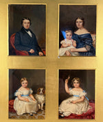 Charming Early Victorian Era Oil Paintings, Family of Five with Spaniel, Portrait Miniatures Group