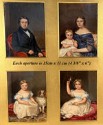 Charming Early Victorian Era Oil Paintings, Family of Five with Spaniel, Portrait Miniatures Group