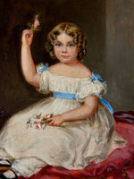 Charming Early Victorian Era Oil Paintings, Family of Five with Spaniel, Portrait Miniatures Group