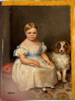 Charming Early Victorian Era Oil Paintings, Family of Five with Spaniel, Portrait Miniatures Group