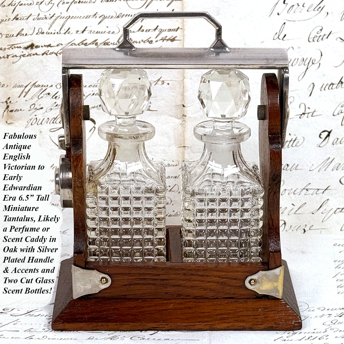 Antique English Victorian Oak & SP Miniature Liquor Tantalus, Perfume Caddy or Salesman's Sample