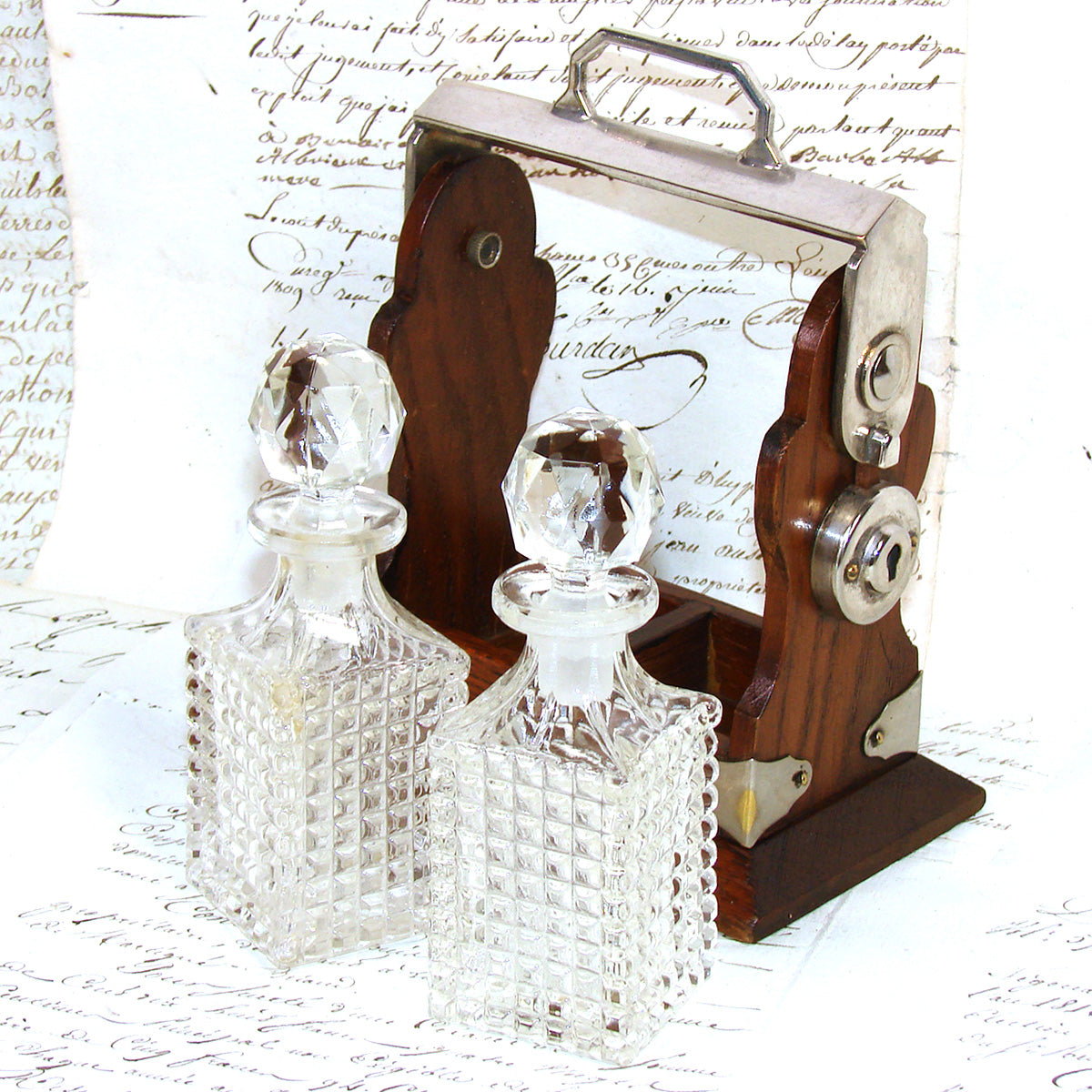 Antique English Victorian Oak & SP Miniature Liquor Tantalus, Perfume Caddy or Salesman's Sample