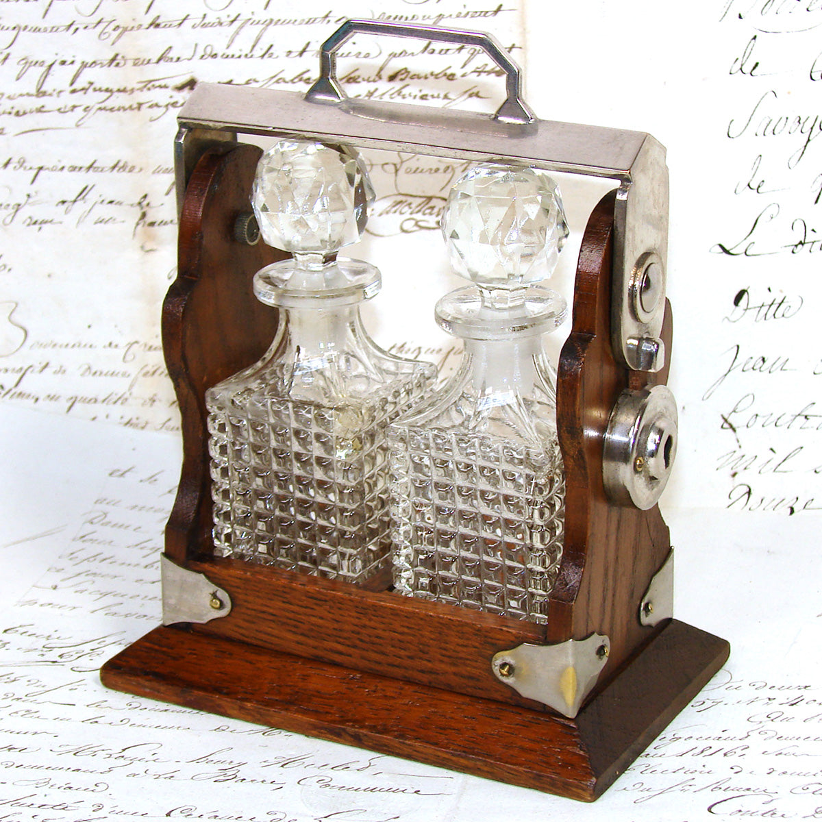 Antique English Victorian Oak & SP Miniature Liquor Tantalus, Perfume Caddy or Salesman's Sample