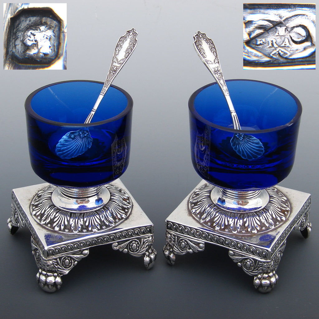 Antique French Sterling Silver & Cobalt Glass Open Salt PAIR with Spoons, Lion Ball & Claw
