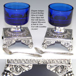 Antique French Sterling Silver & Cobalt Glass Open Salt PAIR with Spoons, Lion Ball & Claw