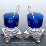 Antique French Sterling Silver & Cobalt Glass Open Salt PAIR with Spoons, Lion Ball & Claw
