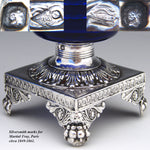 Antique French Sterling Silver & Cobalt Glass Open Salt PAIR with Spoons, Lion Ball & Claw