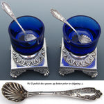 Antique French Sterling Silver & Cobalt Glass Open Salt PAIR with Spoons, Lion Ball & Claw