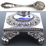 Antique French Sterling Silver & Cobalt Glass Open Salt PAIR with Spoons, Lion Ball & Claw