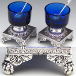 Antique French Sterling Silver & Cobalt Glass Open Salt PAIR with Spoons, Lion Ball & Claw