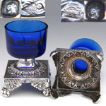 Antique French Sterling Silver & Cobalt Glass Open Salt PAIR with Spoons, Lion Ball & Claw