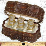 Antique French Victorian Era Triple Scent Caddy, Perfume Box, Gold Enamel Bottles