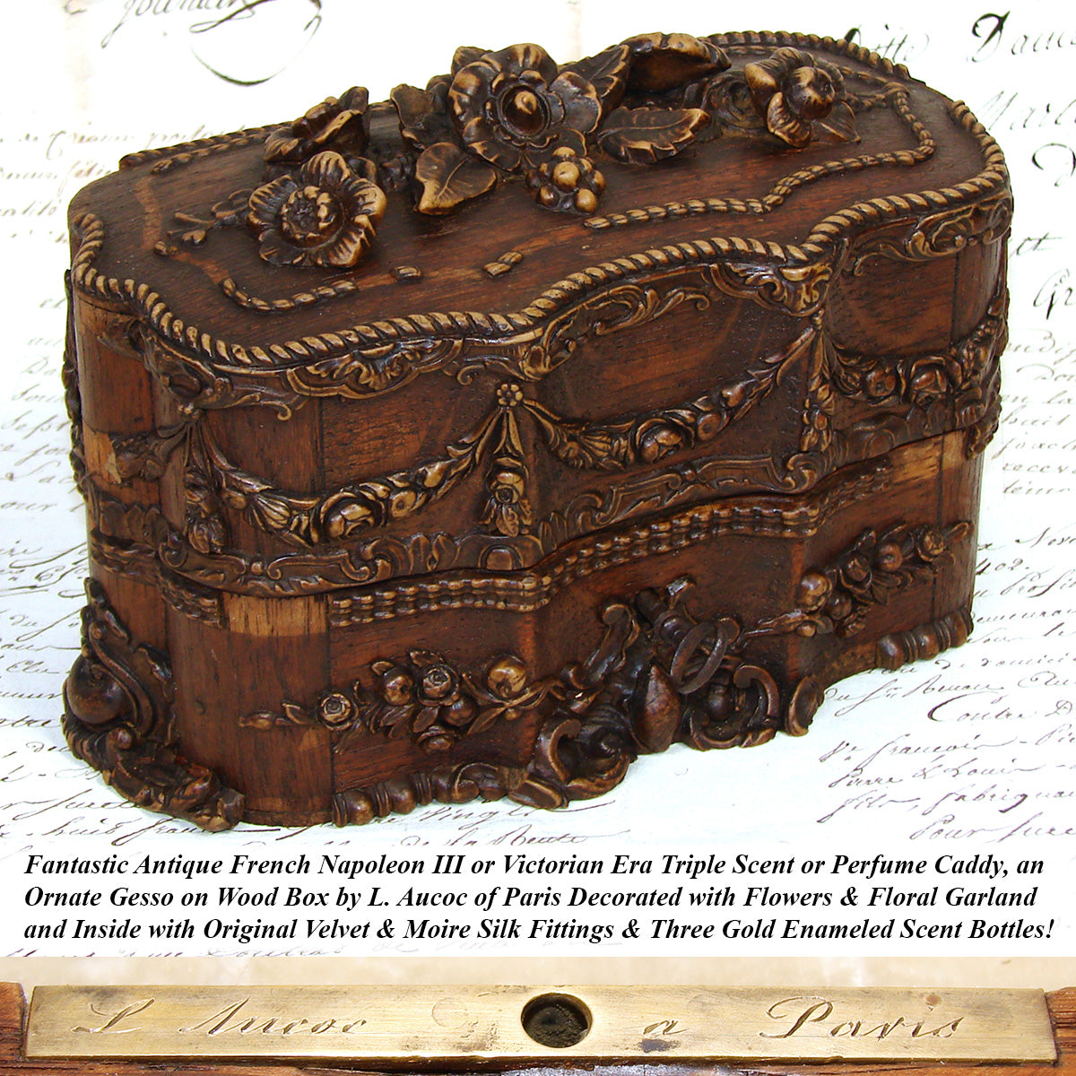 Antique French Victorian Era Triple Scent Caddy, Perfume Box, Gold Enamel Bottles