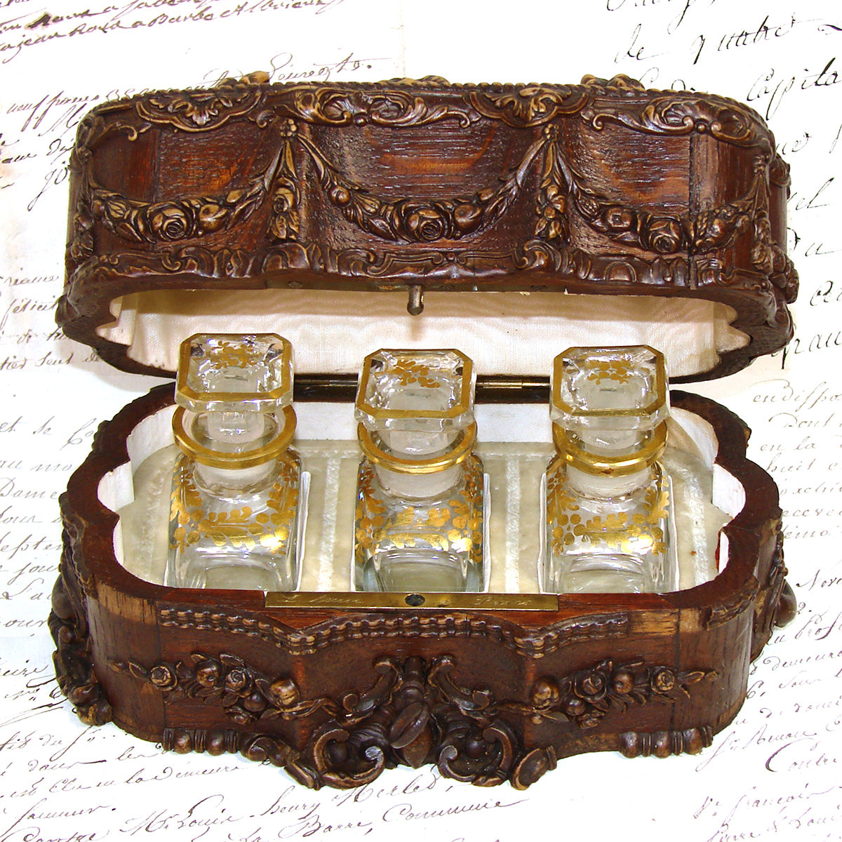 Antique French Victorian Era Triple Scent Caddy, Perfume Box, Gold Enamel Bottles