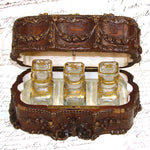 Antique French Victorian Era Triple Scent Caddy, Perfume Box, Gold Enamel Bottles
