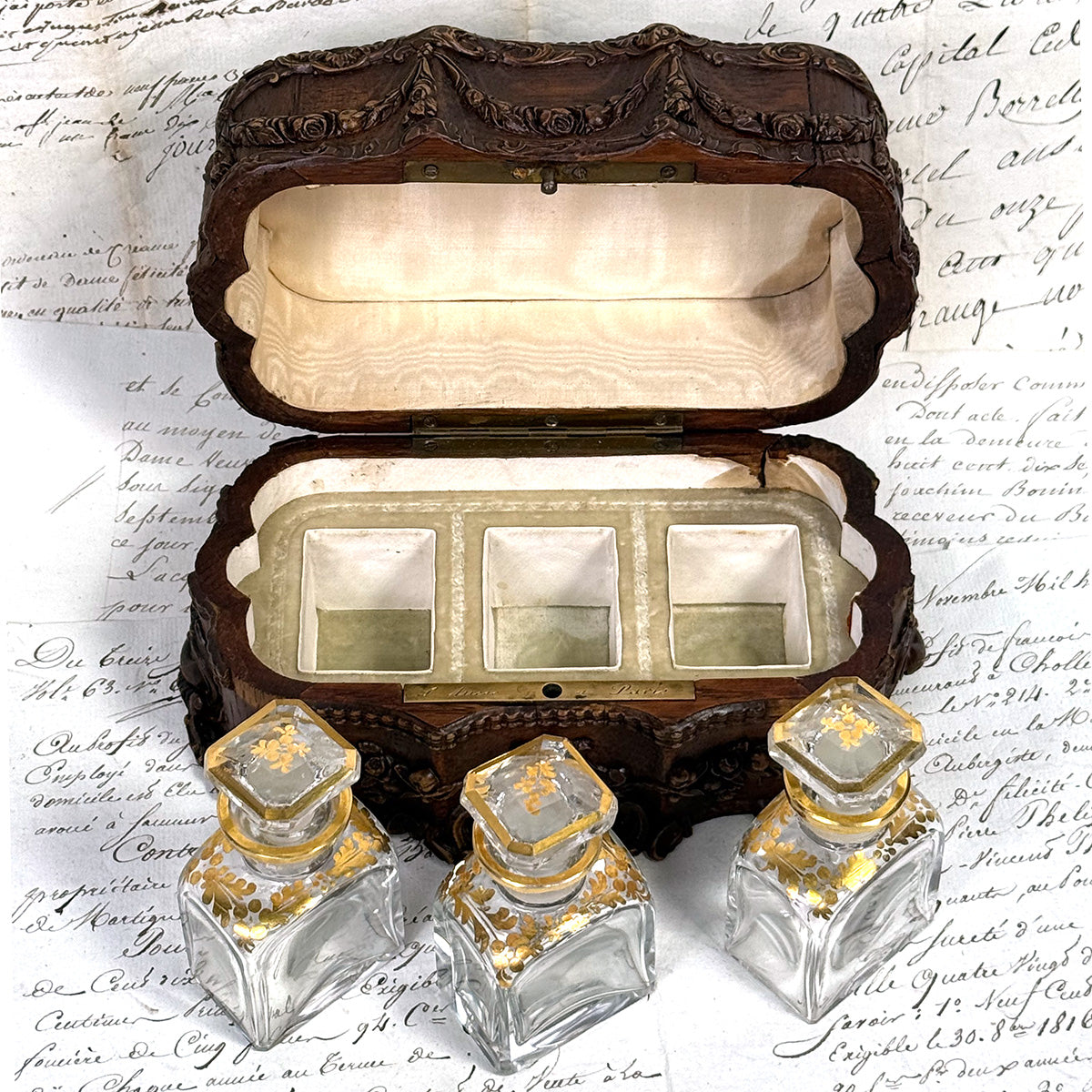 Antique French Victorian Era Triple Scent Caddy, Perfume Box, Gold Enamel Bottles