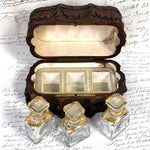 Antique French Victorian Era Triple Scent Caddy, Perfume Box, Gold Enamel Bottles