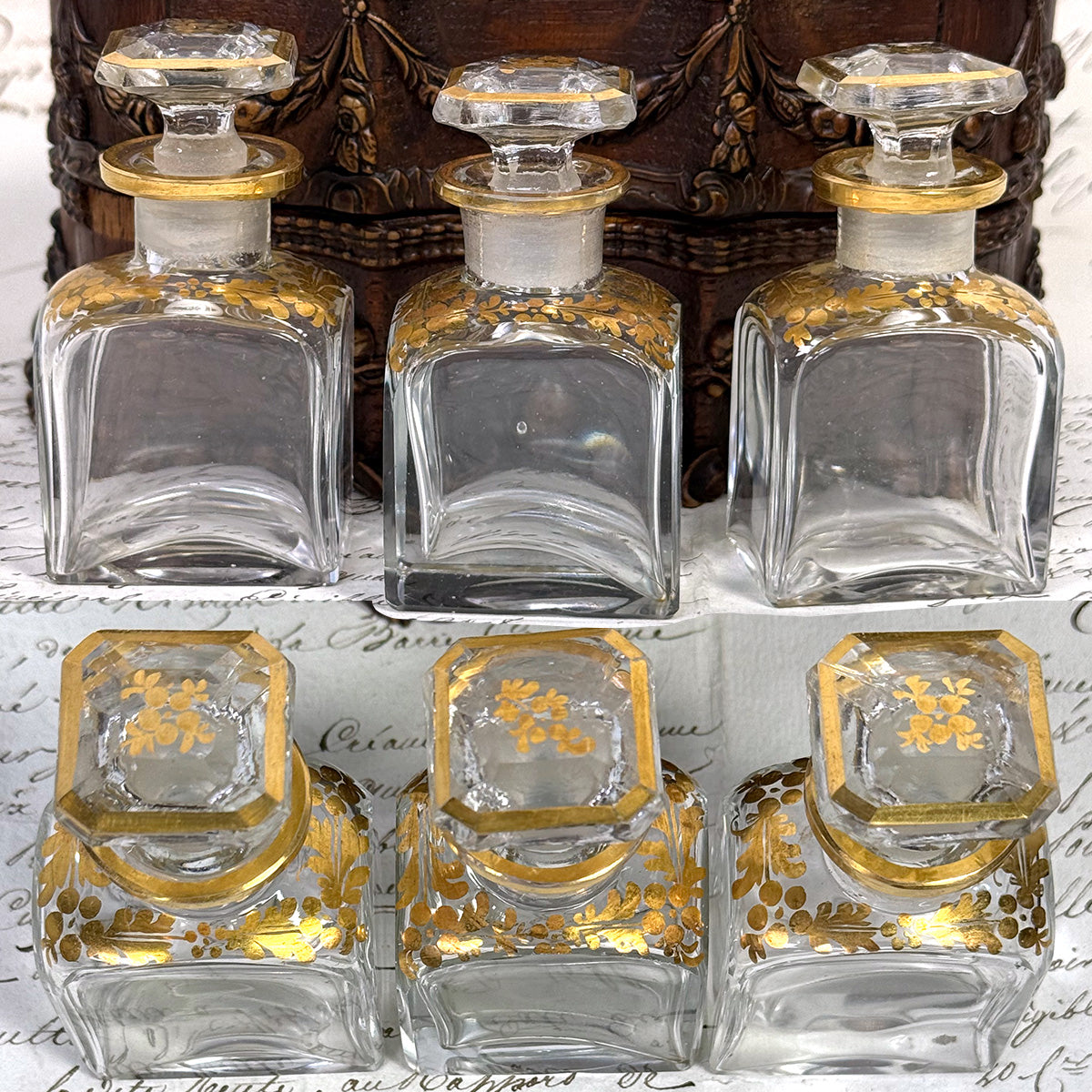 Antique French Victorian Era Triple Scent Caddy, Perfume Box, Gold Enamel Bottles