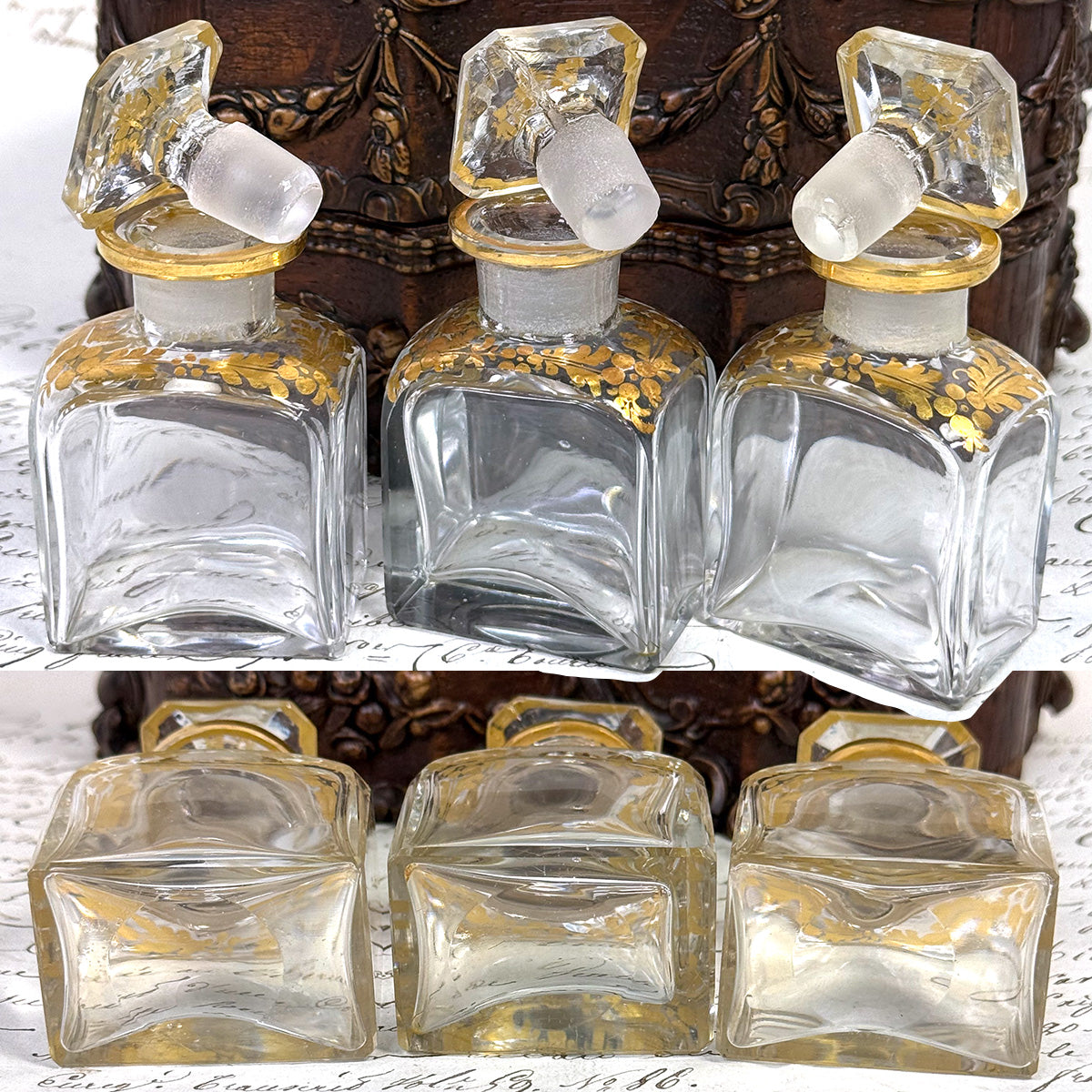 Antique French Victorian Era Triple Scent Caddy, Perfume Box, Gold Enamel Bottles