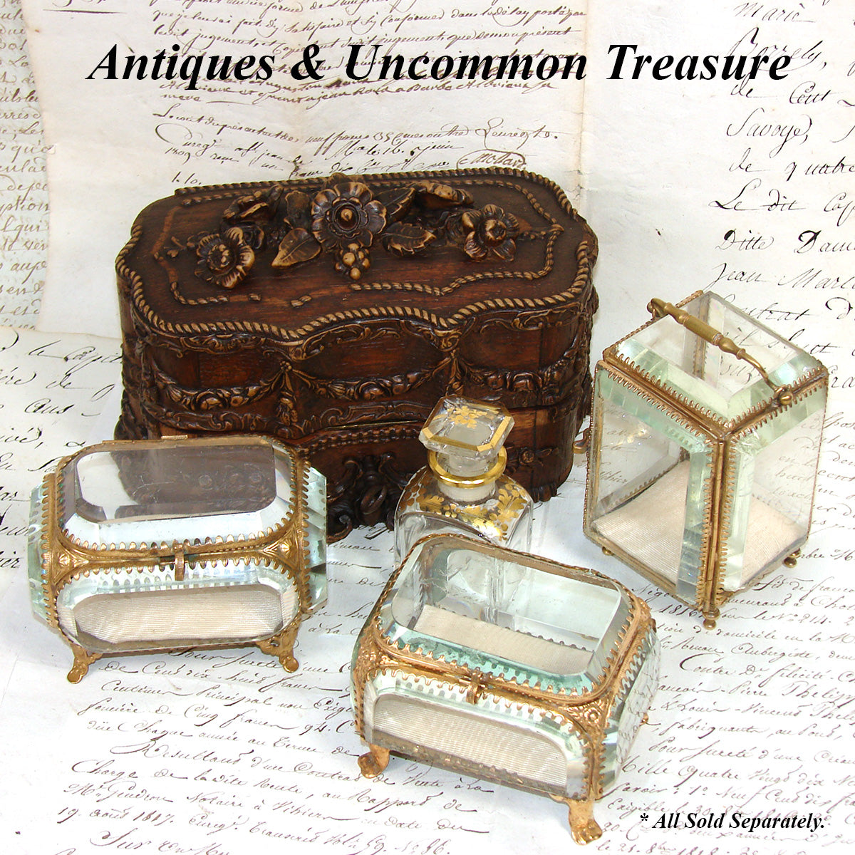 Antique French Victorian Era Triple Scent Caddy, Perfume Box, Gold Enamel Bottles