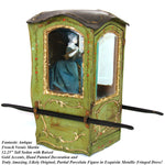 Rare Antique French Vernis Martin 12" Miniature Sedan Chair WITH Exquisite Original Doll, Palanquin, Chaise a Porteur