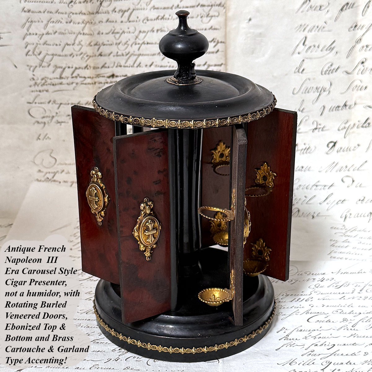 Antique French Victorian Era Cigar Presenter Caddy, Carousel Style, Burled & Brass Accents